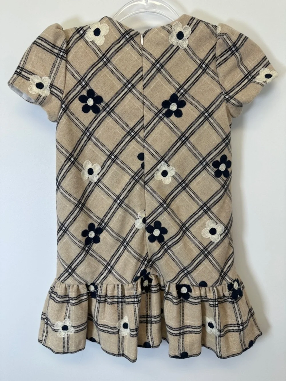 Mayoral Girls Plaid Embroidered Flower Wool Blend Dress Drop Waist Ruffle 7
